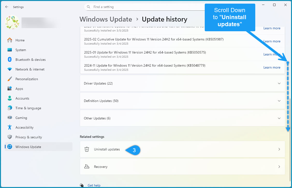 Uninstall Windows 11 update