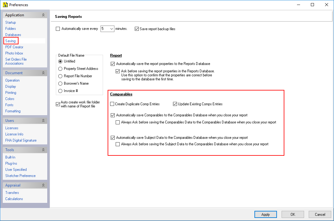 Preferences - Saving Comparables